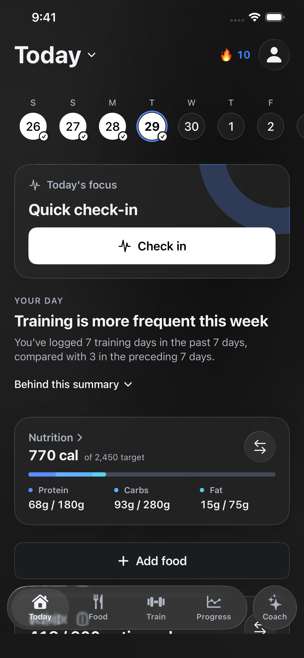 Form Today overview with synthetic nutrition and activity data
