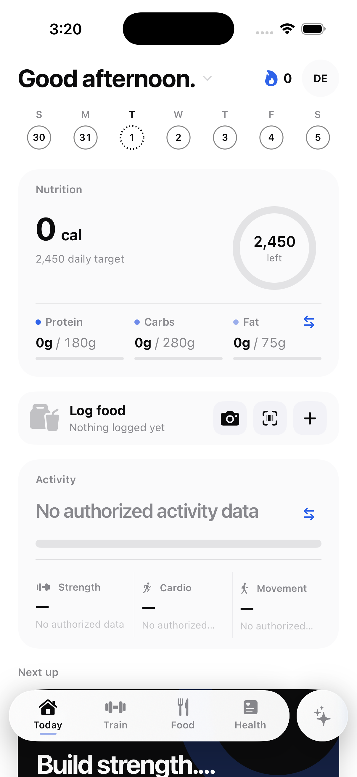 Form Today screen with nutrition, activity, and workout overview